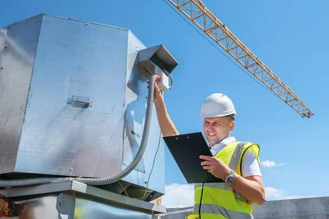 Engineer with clipboard checking the installation of the ventilation system Stock Photos