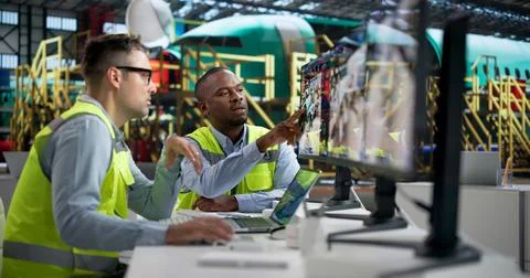 Engineer Closely Monitors Real-time Aircraft Data Using Advanced SCADA Softwa Foto stock