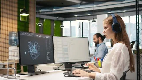 Engineer coding with AI language model assistance in office, listening music Stock Photos