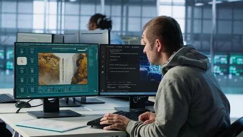 Engineer coding AI virtual assistant producing clips Foto stock