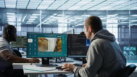 Engineer coding AI virtual assistant producing clips Stock Photos