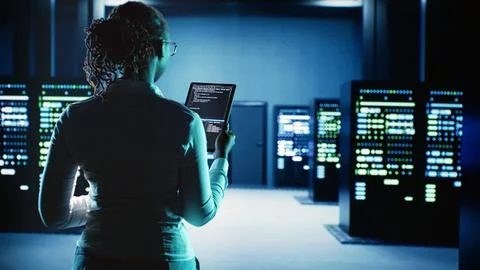 Engineer coding in data center Stock Photos