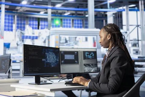 Engineer coding in solar panel plant, using artificial intelligence to automate Stockfoto's