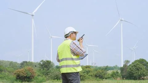 Engineer communicates via smartphone while holding tablet during windmill i.. Foto stock