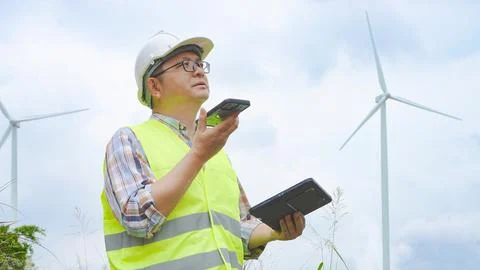 Engineer communicates via smartphone while holding tablet during windmill i.. Foto stock
