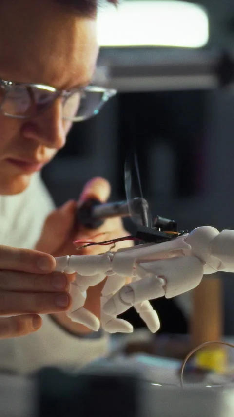 An engineer concentrates on constructing a prototype robotic hand amidst an Stock Footage 331532847