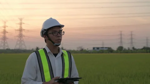 Engineer concept of 4k Resolution. A man is releasing a drone to explore the  Stock Footage 157647882