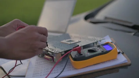 Engineer concept of 4k Resolution. The technician is checking the electronic  Stock Footage 155013135