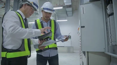 Engineer concept. The employee is checking the generator. 4k Resolution. Stock Footage 140464860