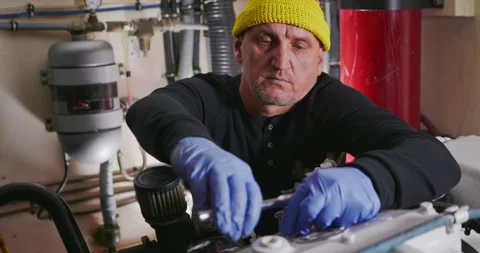 Engineer Conducting Maintenance in Industrial Engine Room Stock Footage 323738998