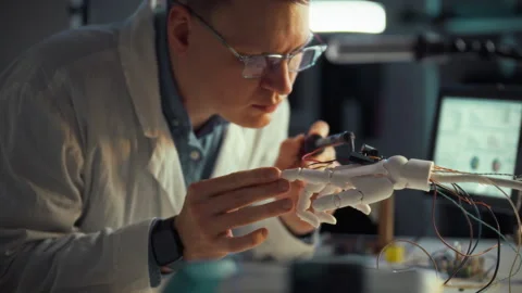 Engineer conducting robotics experiment in high-tech laboratory Stock Footage 331303822