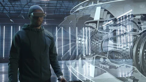 Engineer Conducting Virtual Engine Stress Tests with Holographic Simulation Stock Footage 284953586
