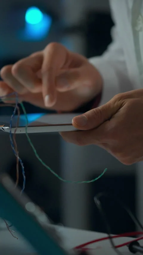 Engineer conducts circuit board analysis in laboratory during evening hours Stock Footage 331571194