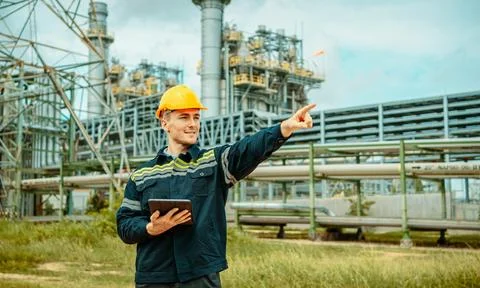 Engineer conducts inspection at industrial site while pointing out equipmen.. Stock Photos
