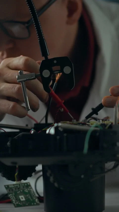 Engineer conducts repairs on robotic device in advanced laboratory during da Stock Footage 331571222