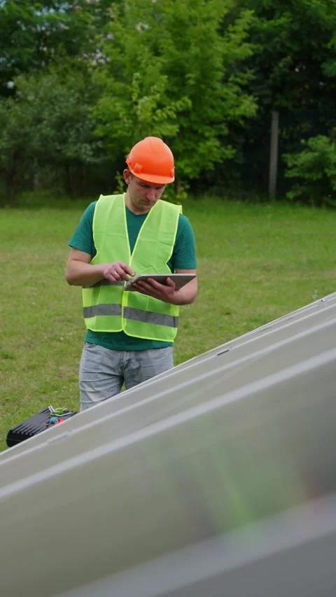 Engineer configures solar panels in tablet. Stock Footage 315772052
