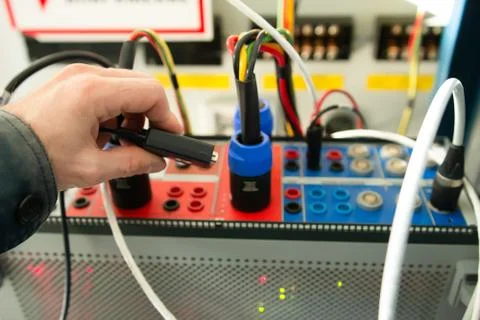 Engineer connecting test plug to electrical device for  testing relay protect Stock Photos