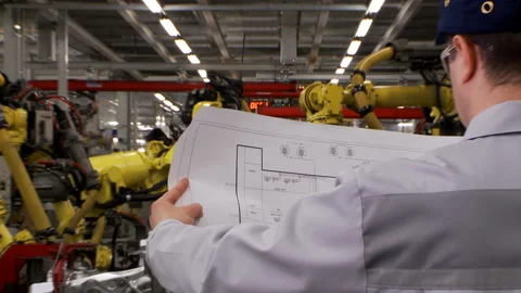 The engineer considers the production line scheme where robots collect Stock Footage 92197705
