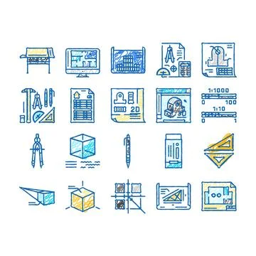 Engineer construction architect icons hand drawn Stock Illustration