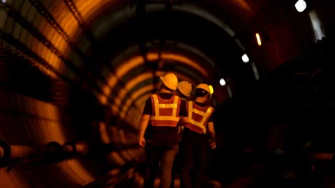Engineer construction subway maintenance worker safety vest, hard hats inspect Stock Footage 348194936