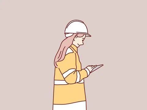 Engineer construction worker wearing safety helmet holding tablet plan simple Stock Illustration