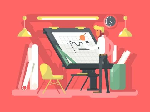 Engineer constructor draws project Stock Illustration