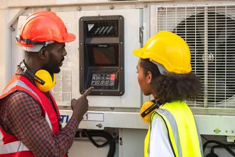 Engineer control reefer with air conditioner at Container box. Stock Photos