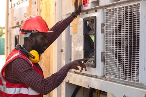 Engineer control reefer with air conditioner at Container box. Stock Photos
