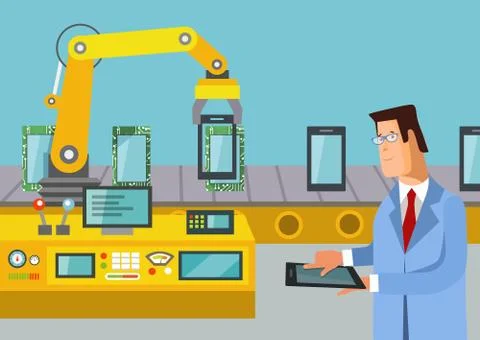 Engineer controlled assemble line of tablets イラスト素材