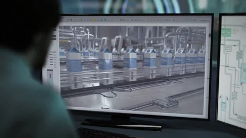 An engineer controlling the production line using modern computer software Stock Footage 267874161