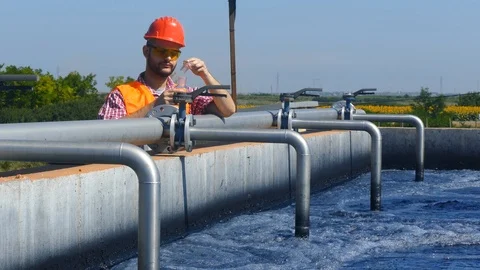 An engineer controlling a quality of water Stock Footage 125080947