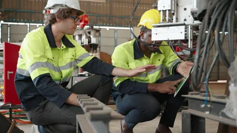 Engineer controls a robot using a control board inside a factory. Stock Footage 255811491
