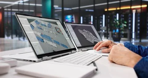 Engineer Creating Hybrid Plant Layout With 3D Software Application Stock Photos