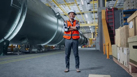 Engineer Crossing His Arms And Smiling To Camera In Pipe Manufacturing Factory Stock Footage 274549477
