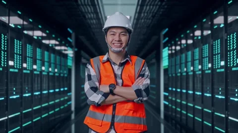 Engineer Crossing His Arms And Smiling To Camera in Data Center Video stock 321990727