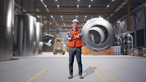 Engineer Crossing His Arms And Smiling To Camera at Heavy Factory Stock Footage 340821069