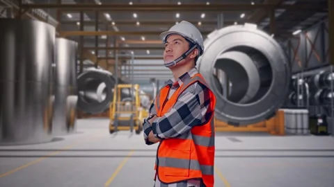 Engineer Crossing His Arms at Heavy Factory Stock Footage 340817692