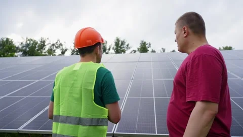 Engineer with customer in front of solar panels producing renewable green energy Stock Footage 319879555