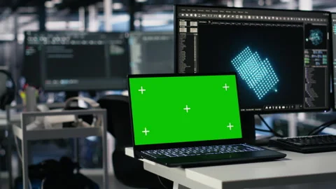 Engineer in data center coding with generative AI assistance on chroma key Stock Footage 313635683