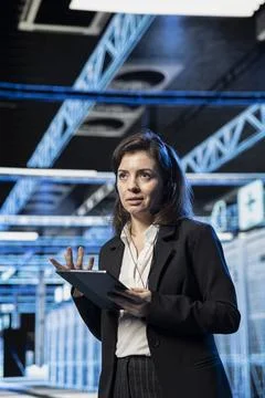 Engineer in data center helping users, speaking into headset mic Stock Photos