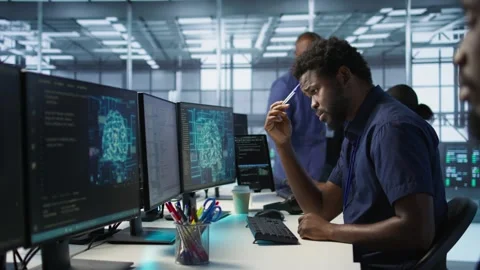 Engineer in data center implementing advanced AI systems Stock Footage 319571486