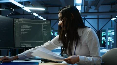 Engineer in data center installing software on computer Stock Photos