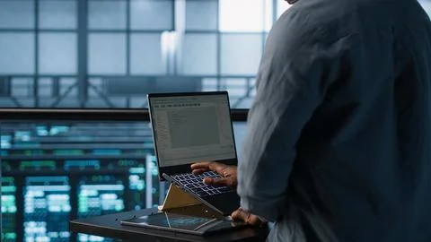 Engineer in data center operating notebook, deploying new server architectures 스톡 사진