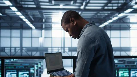 Engineer in data center operating notebook, deploying new server architectures 스톡 사진