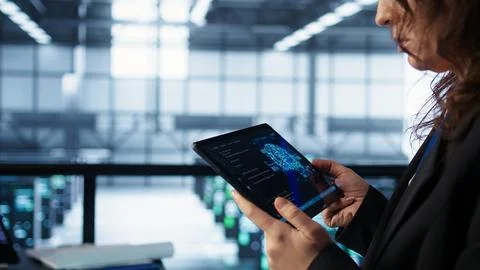 Engineer in data center with tablet integrating AI driven automation tools Stock Photos