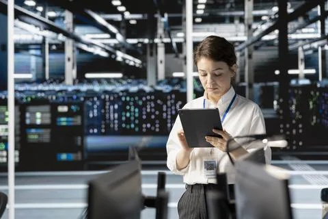 Engineer in data center using tablet, verifying neural network parameters Stock Photos