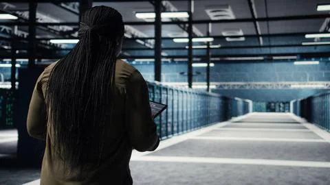 Engineer in data center using tablet to deploy secure server architecture Stock Photos