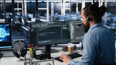 Engineer in data center wearing headset assisting users with AI Stockfoto's