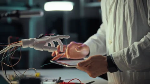 Engineer demonstrating robotic hand technology with tablet in modern lab env Stock Footage 331350537