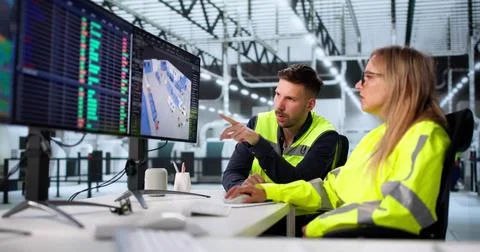 Engineer Designing 3D Factory Layout On Desktop PC With Robot. Stock Photos